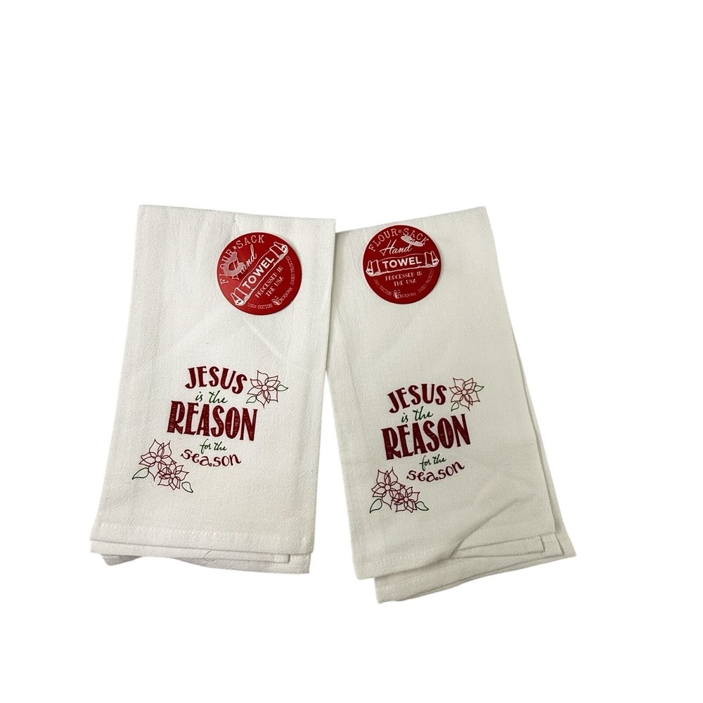 2 Flour Sack Cotton Christmas Kitchen Towels (18x22")  Jesus Is The Reason NWT